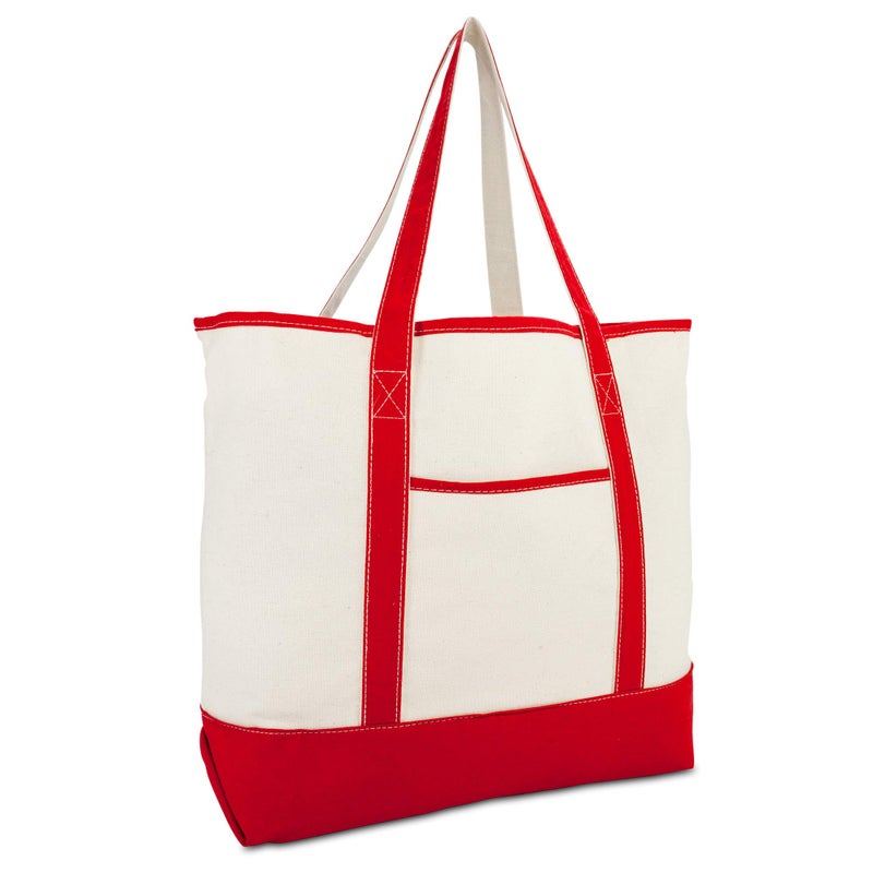 DALIX 22" Extra Large Shopping Tote Bag w Outer Pocket in Red and Natural - Image 1